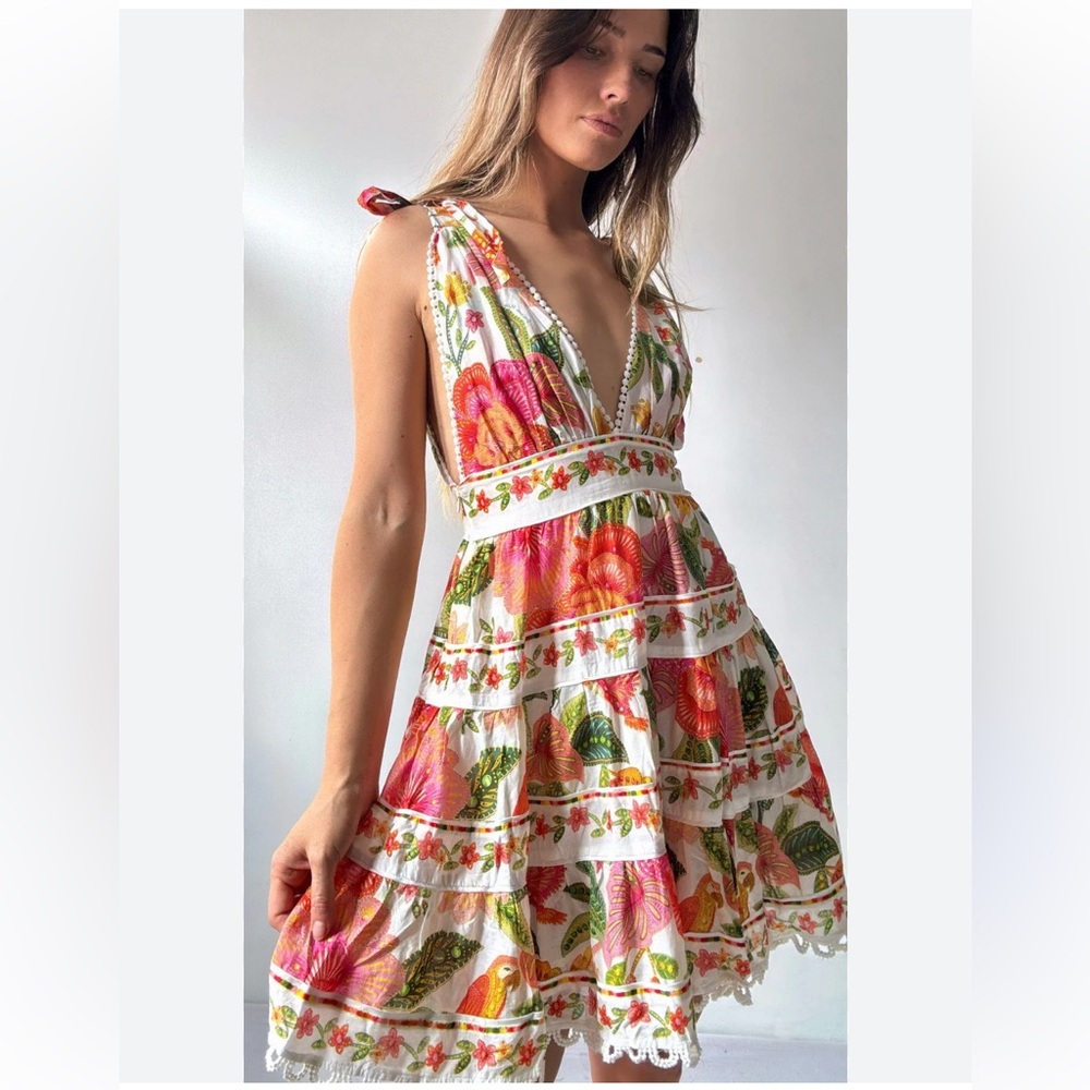Farm Rio Macaw Mini Floral V-Neck Tiered Summer Dress